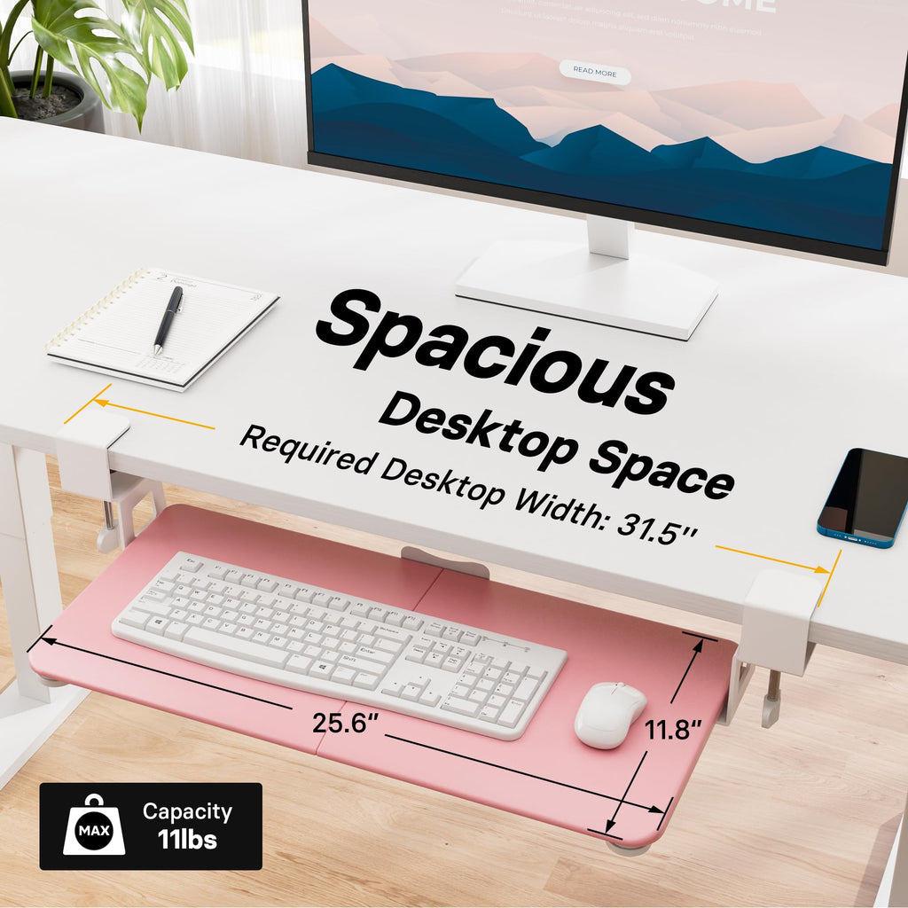 KMT01 Under Desk Keyboard Tray, Pull-Out Keyboard & Mouse Platform with C-Clamp, 25.6 x 11.8 in Space-Saving Ergonomic Slide-Out Drawer, Pink