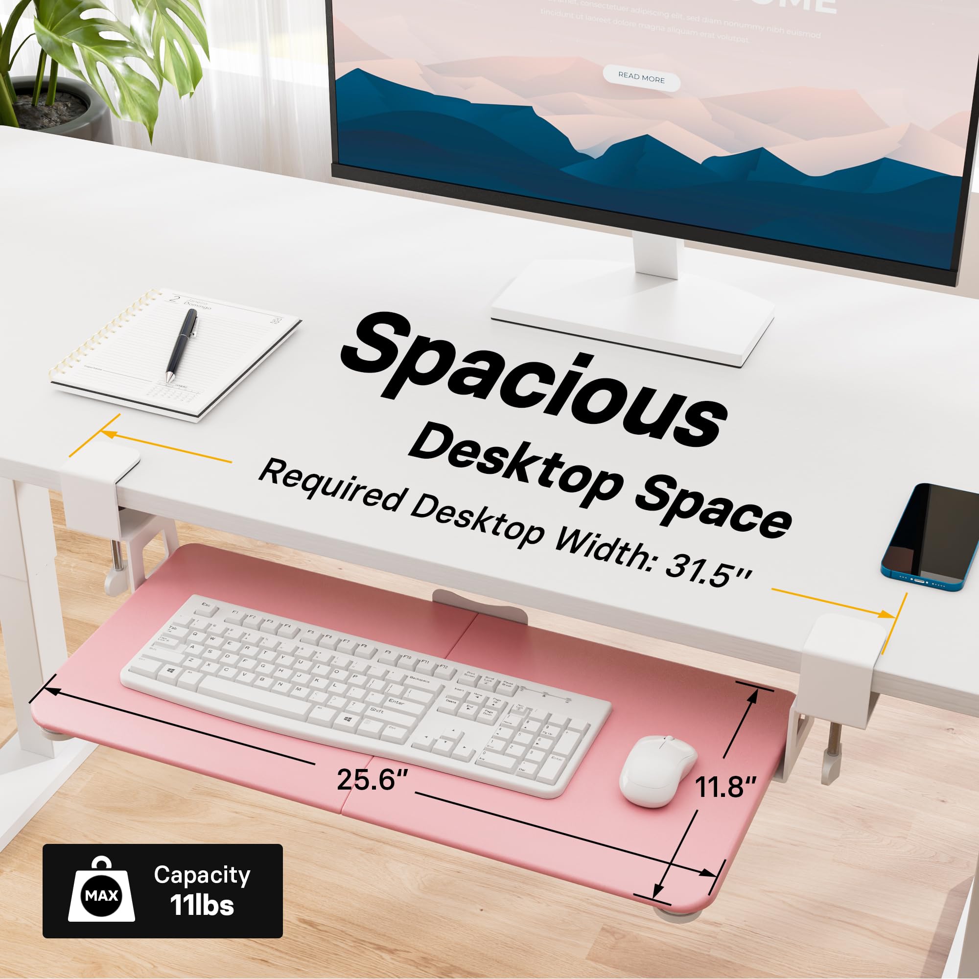 KMT01 Under Desk Keyboard Tray, Pull-Out Keyboard & Mouse Platform with C-Clamp, 25.6 x 11.8 in Space-Saving Ergonomic Slide-Out Drawer, Pink