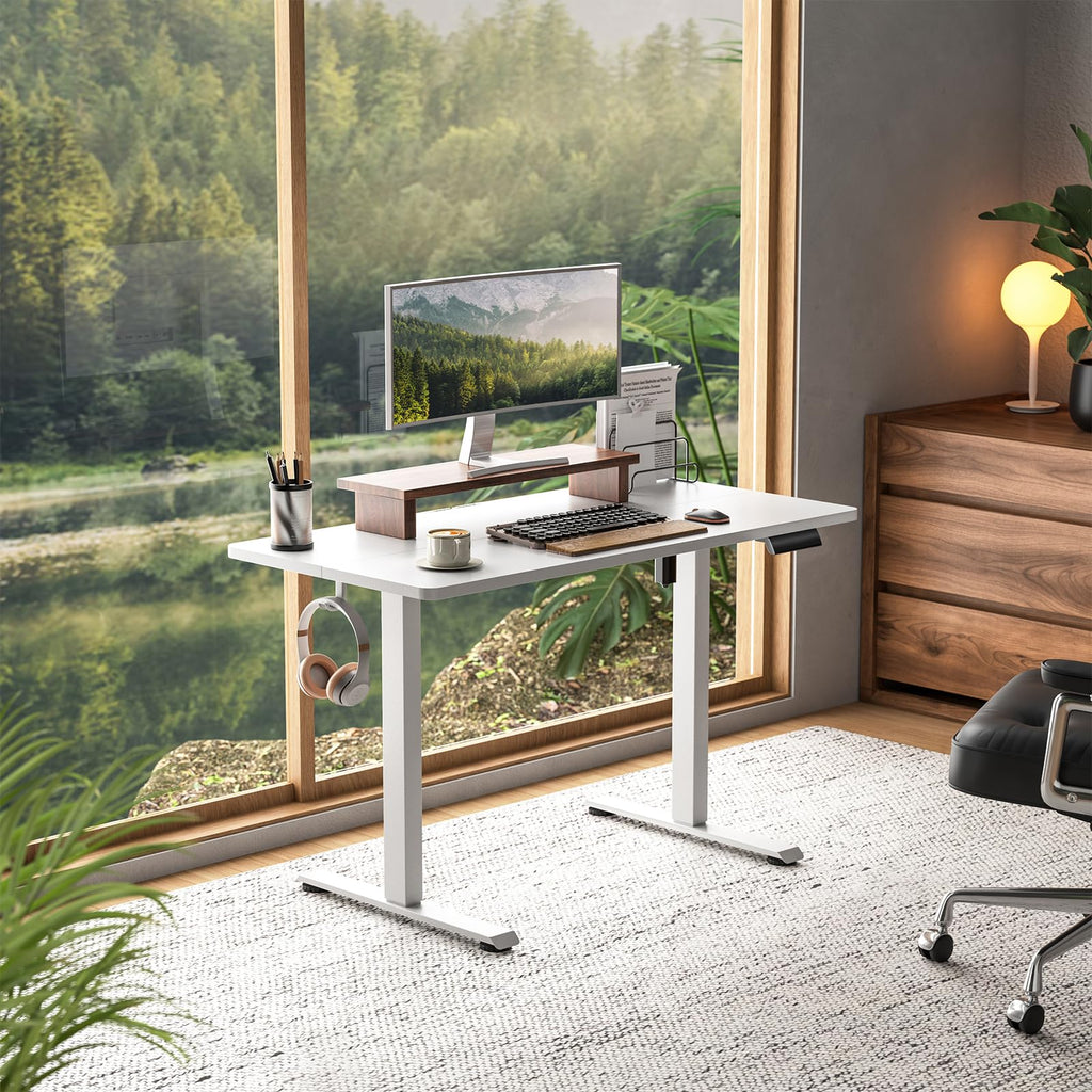 47.2 Inch Large Electric Standing Desk, Heights Adjustable, Sit to Stand Up, Work Home Office Computer Table for Study, Walking Pad, Writing, and Games, Wooden Desktop Desks, White