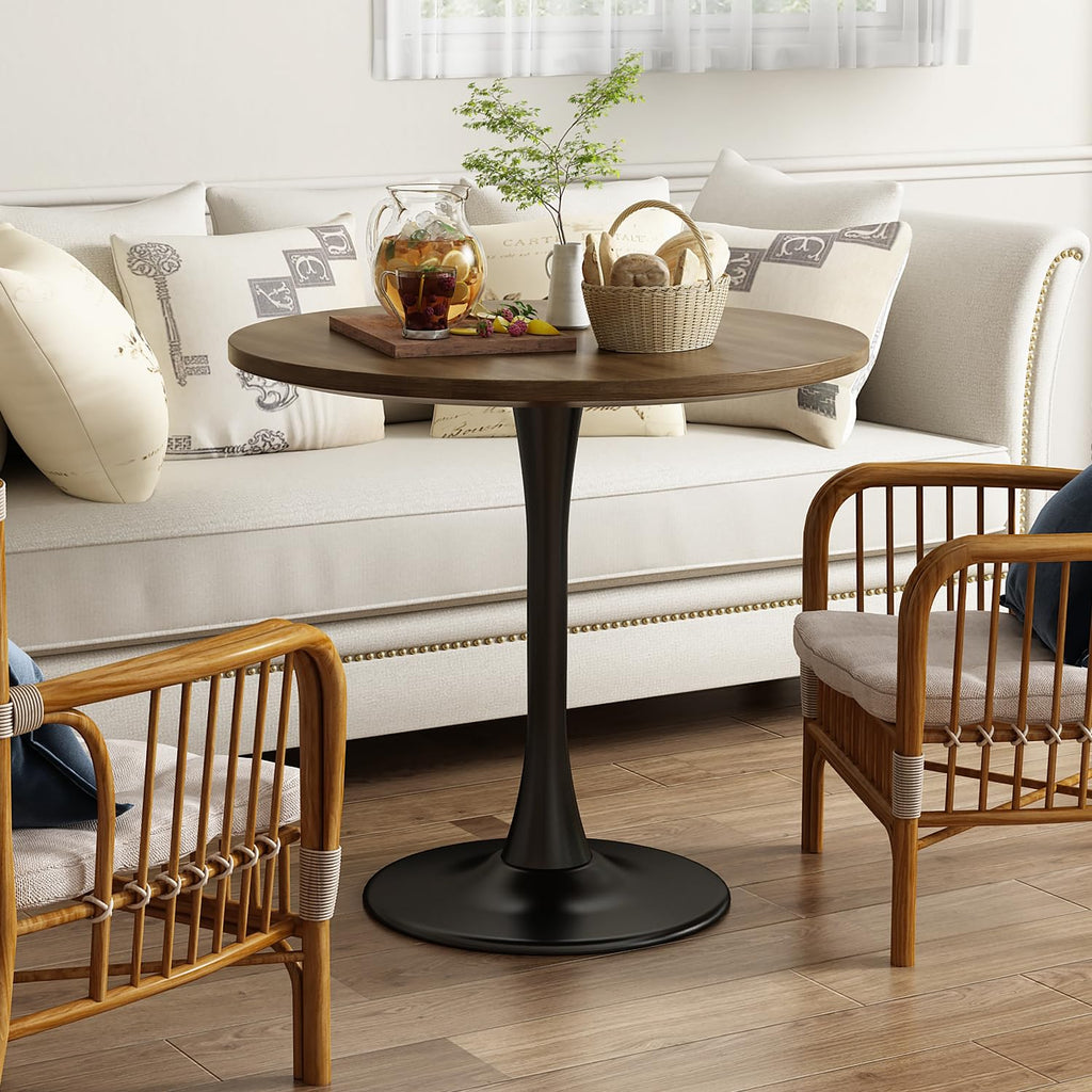 Round Dining Table 31.5" Circle Tulip Table with Wood Thickened Tabletop & Sturdy Metal Pedestal Mid Century Modern Farmhouse Kitchen Tables for 4 Small Places Living Room Cafe,Somber Walnut