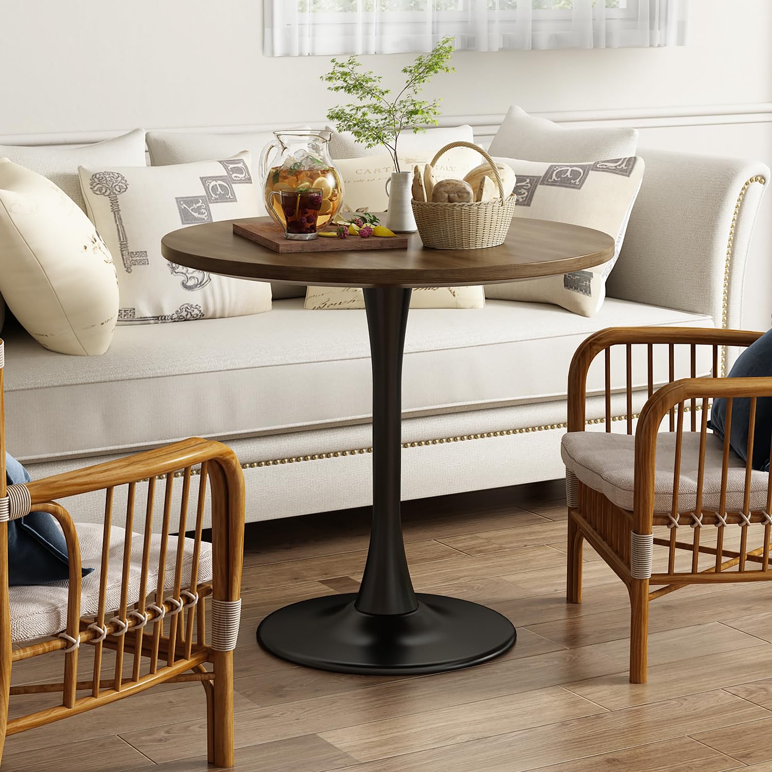 Round Dining Table 31.5" Circle Tulip Table with Wood Thickened Tabletop & Sturdy Metal Pedestal Mid Century Modern Farmhouse Kitchen Tables for 4 Small Places Living Room Cafe,Somber Walnut