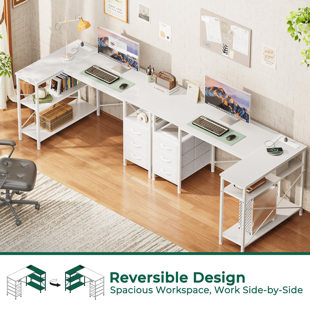 L Shaped Office Desk with Power Outlets, 47 Inch Computer Desk with 3 Drawers, Shelves, for Gaming, Corner Work, Home Office, Study, White