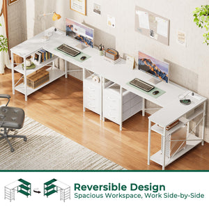 L Shaped Office Desk with Power Outlets, 47 Inch Computer Desk with 3 Drawers, Shelves, for Gaming, Corner Work, Home Office, Study, White