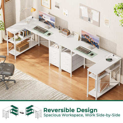 L Shaped Office Desk with Power Outlets, 47 Inch Computer Desk with 3 Drawers, Shelves, for Gaming, Corner Work, Home Office, Study, White