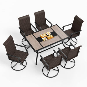 7 Pieces Patio Dining Set, Rattan Outdoor Furniture Set for 6, 6 x Swivel Dining Chair, 1 x Large Surface Wood Like Dining Table, All Weather Resistant for Lawn Garden Backyard Deck