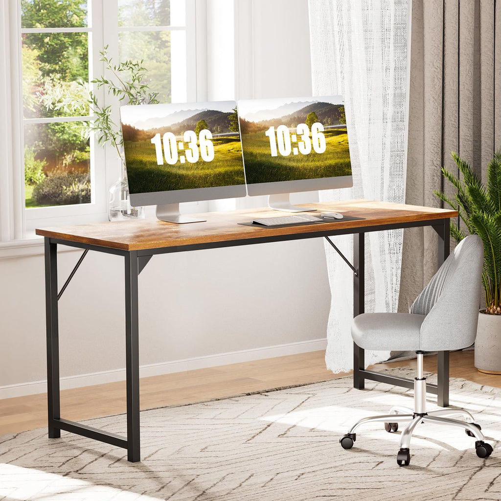 Small Computer Office Desk 63 Inch Student Study Writing Work with Metal Frame Wood Tabletop Modern Simple Home Bedroom PC Table Perfect for Small Spaces - Brown