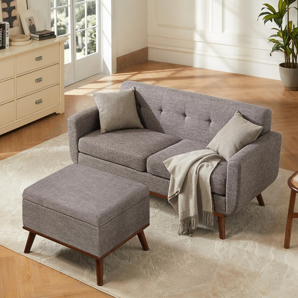 65" W Loveseat Sofa with Ottoman Coffee Table, Mid Century Modern Decor Love Seat Couches and Ottoman with Storage for Living Room, Button Tufted Upholstered Love Seats Furniture Set, Grey