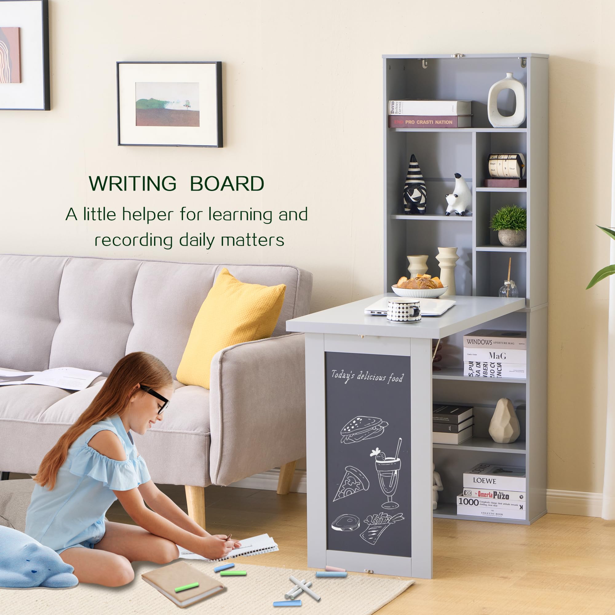 Folding Desk with Storage,Foldable Convertible Writing table with Blackboard and Shelves,Wall Mount Fold Out Table Cabinet , Space-Saving Murphy Desk for Multi-Function Home Office Workstation (Grey)