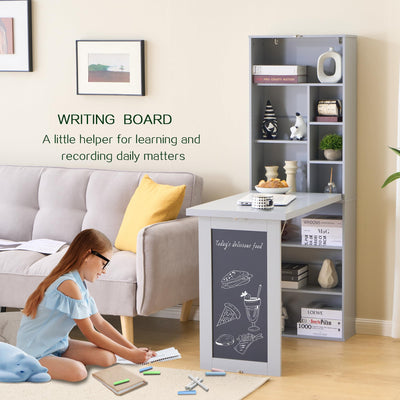 Folding Desk with Storage,Foldable Convertible Writing table with Blackboard and Shelves,Wall Mount Fold Out Table Cabinet , Space-Saving Murphy Desk for Multi-Function Home Office Workstation (Grey)