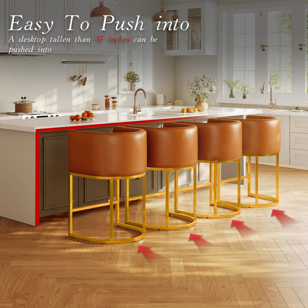 Modern Counter Height Bar Stools,Bar Stools Set of 2,PU Leather Upholstered Barrel Barstools with Backs,26'' Kitchen Island Chairs,Metal Gold Frames,Camel Brown Leather