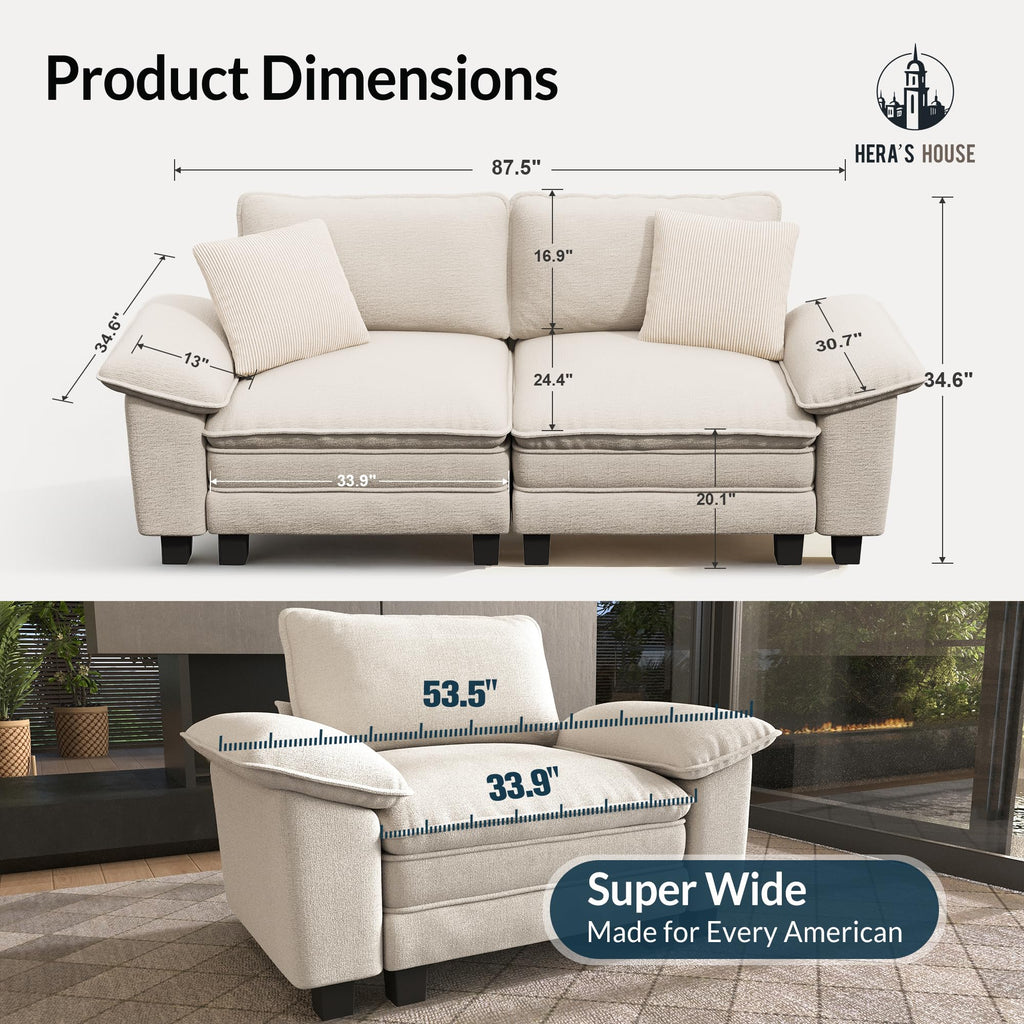 88" Modular Sectional Sofa, Loveseat Couches for Living Room, Comfy Cloud Couch 2-Seater Deep Seat Sofa with Throw Pillow, Chenille Beige