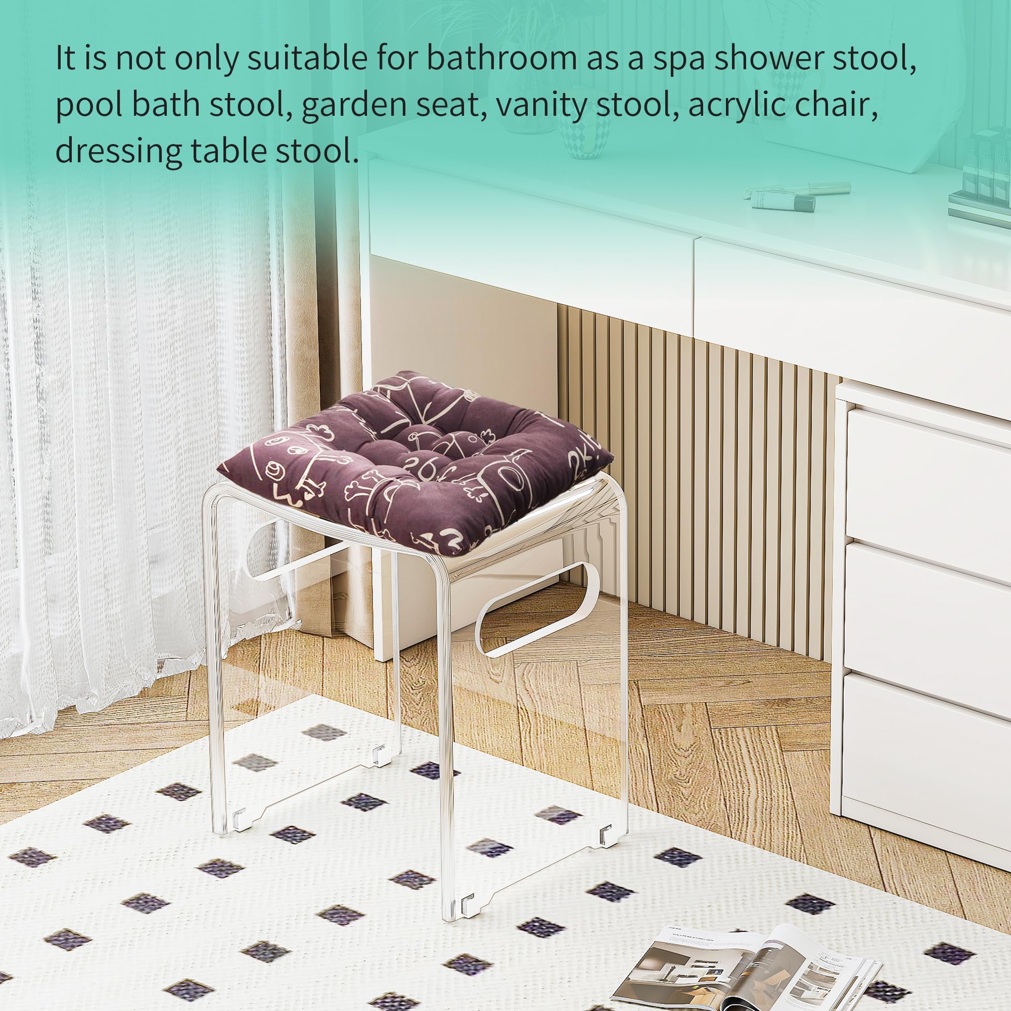 Modern Acrylic Shower Bench, Clear Stool with Anti-Skip Silicone Buckles and 12 Pcs Water Leaking Hole 350 LBS Weight Capacity