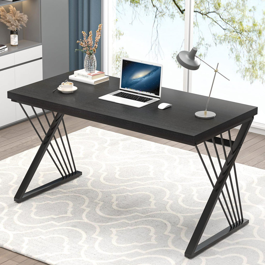 Black Desk, Modern Wood and Metal Computer Desk for Home Office, Simple Writing Work PC Desks for Bedroom, Industrial Study Gaming Table for Living Room, Black, 53 Inch