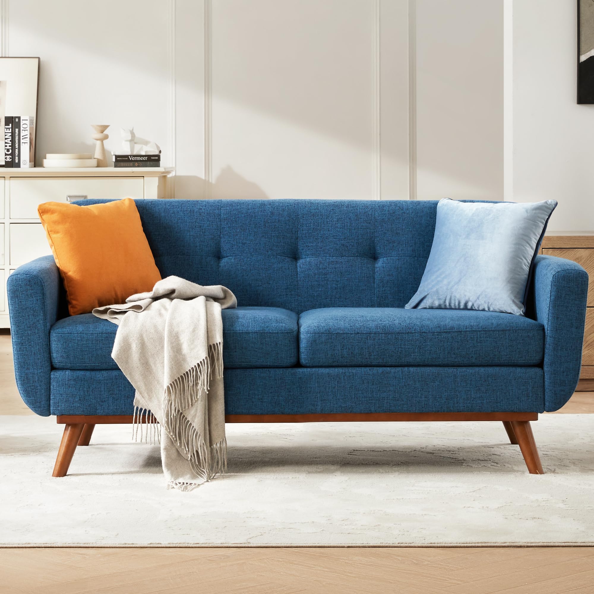 65.2" W Loveseat Sofa, Mid Century Modern Decor Love Seat Couches for Living Room, Button Tufted Upholstered Furniture, Solid & Easy to Install Small Couch for Bedroom Office Apartment, Blue