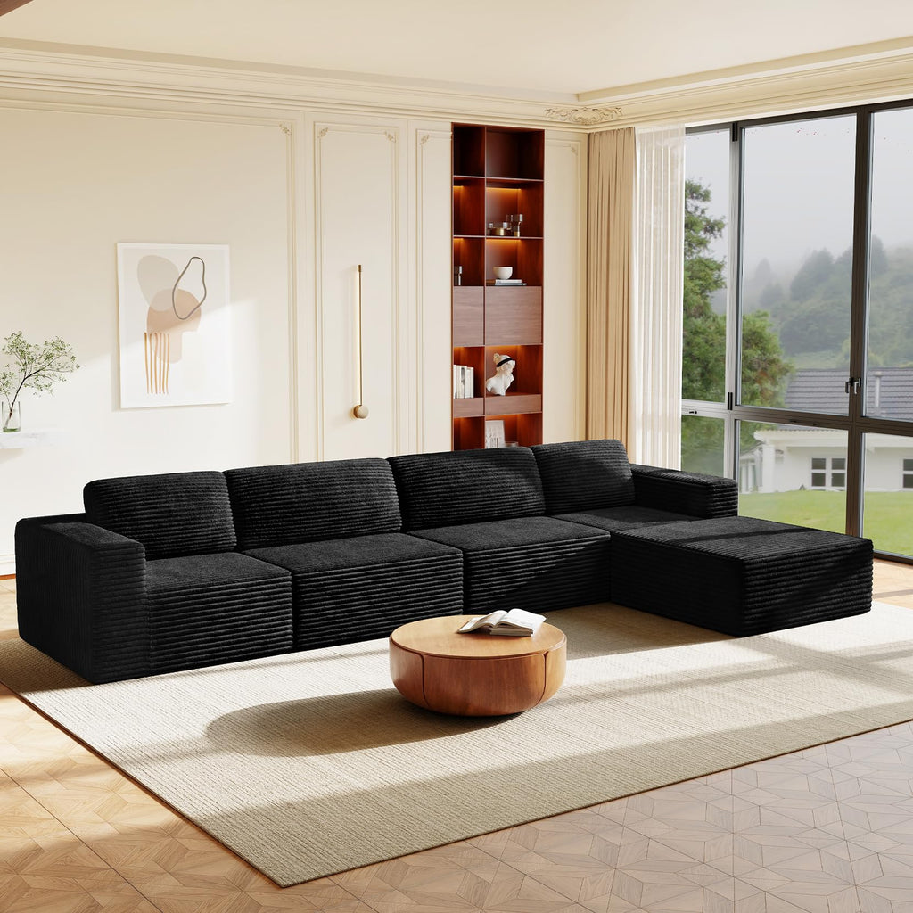 159" Large Modular Sectional Sofa, L-Shaped Corduroy Cloud Couch with Deep Seats & Spring Support, 4-Seater Boneless Sofa with Movable Ottoman, No Assembly Needed, Black