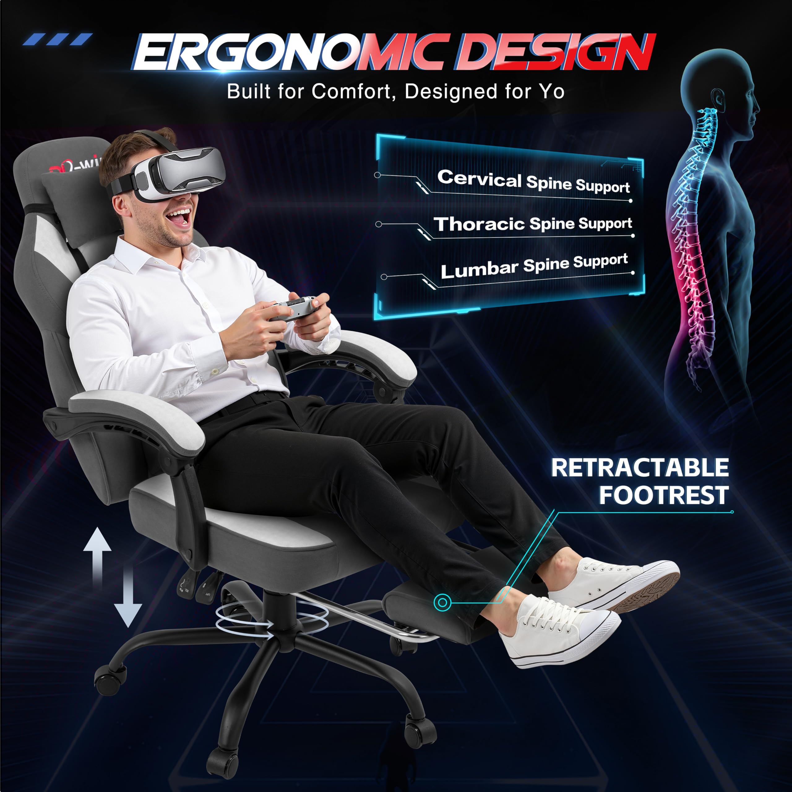 Gaming Chair for Adults with Footrest & Massage Lumbar Support, Ergonomic High Back Gamer Chair, Adjustable Swivel Computer Gaming Chairs with Headrest and Linkage Armrests,Green (Greige)