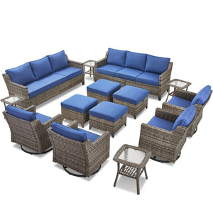 14 Piece Patio Furniture Set-High Back Outdoor Furniture Set Sectional Sofa with Wicker Swivel Patio Chairs,Comfy Cushions Ottomans for Porch Balcony Patio Deck Grey/Blue