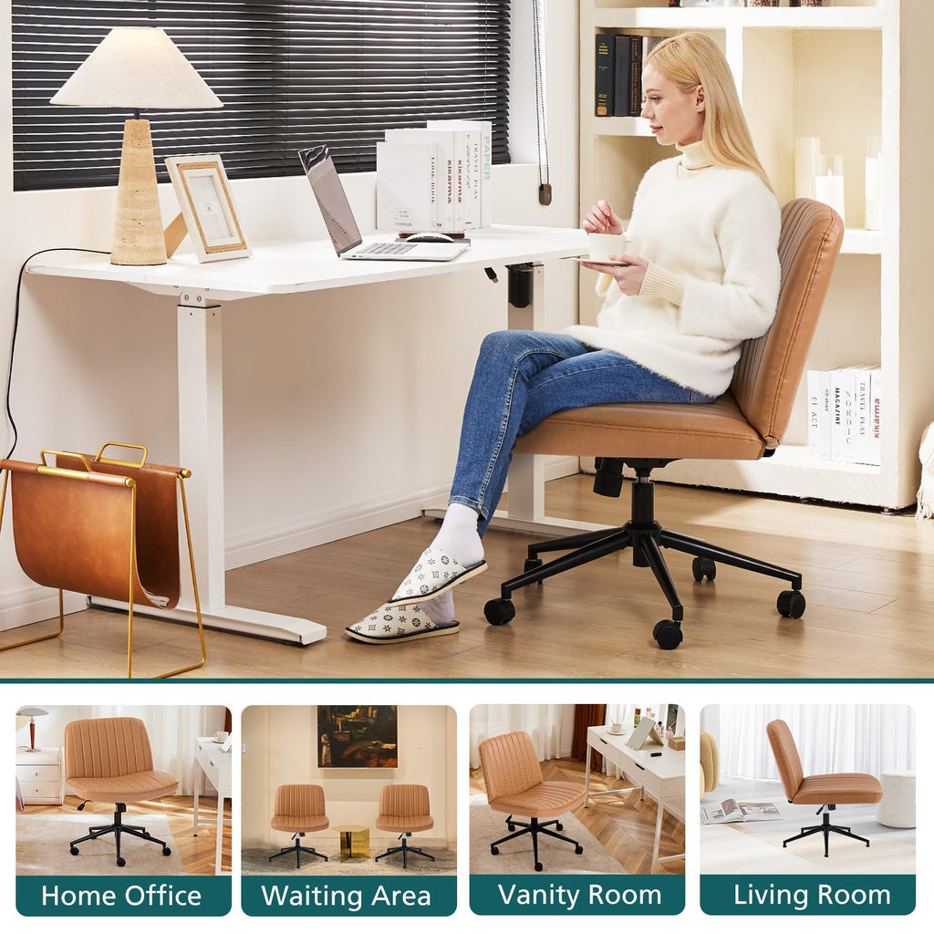 Criss Cross Chair with Wheels Wide Cross Legged Office Desk Vanity Chair Comfy Fabric Armless Adjustable Swivel for Home Computer Task PU Brown