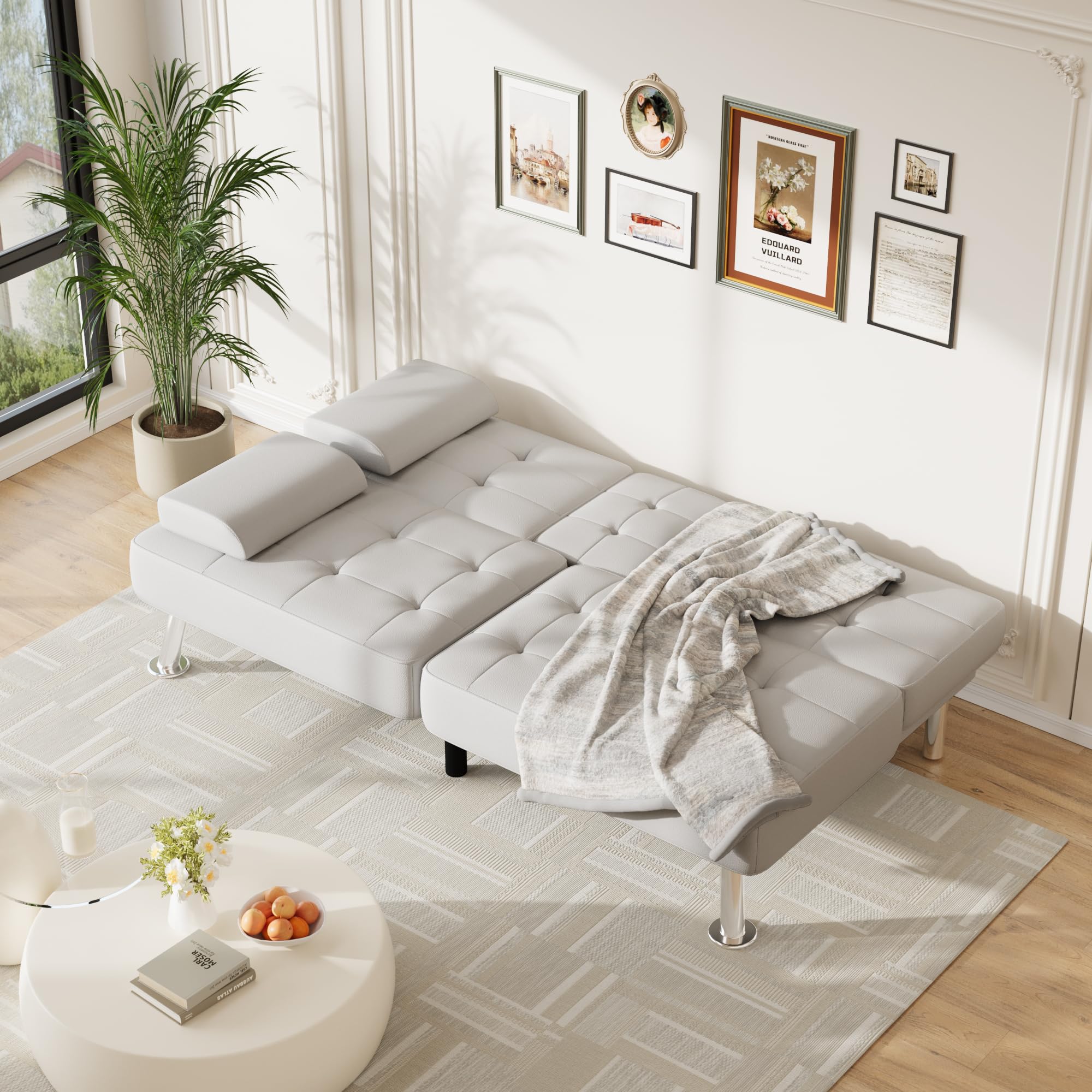 Sofa Bed Adjustable Futon Couch Sleeper Sofa Bed for Living Room, Business Office, Recliner Sofas with Cup Holders (PU Leather, White)