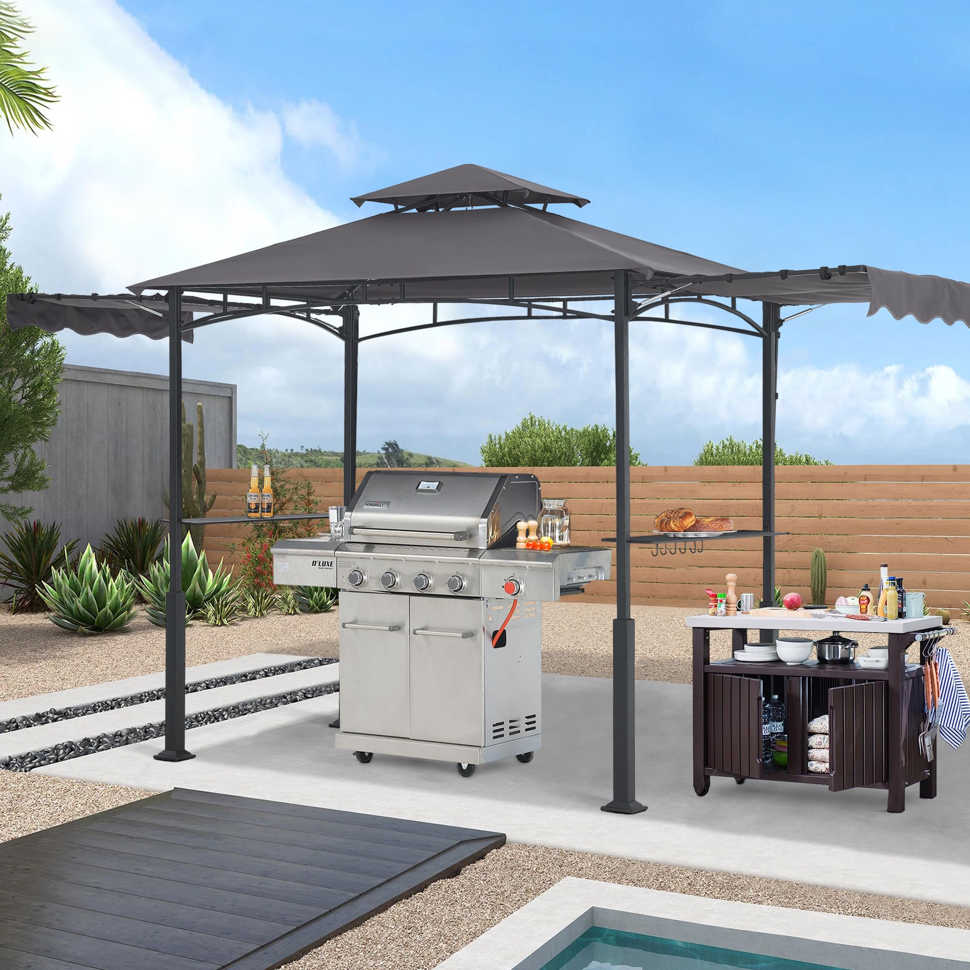 Grill Gazebo with 2 Side Awnings - 14x5 Outdoor BBQ Canopy Shelter with 2 Led Lights for Patio Backyard Grilling (Dark Gray)