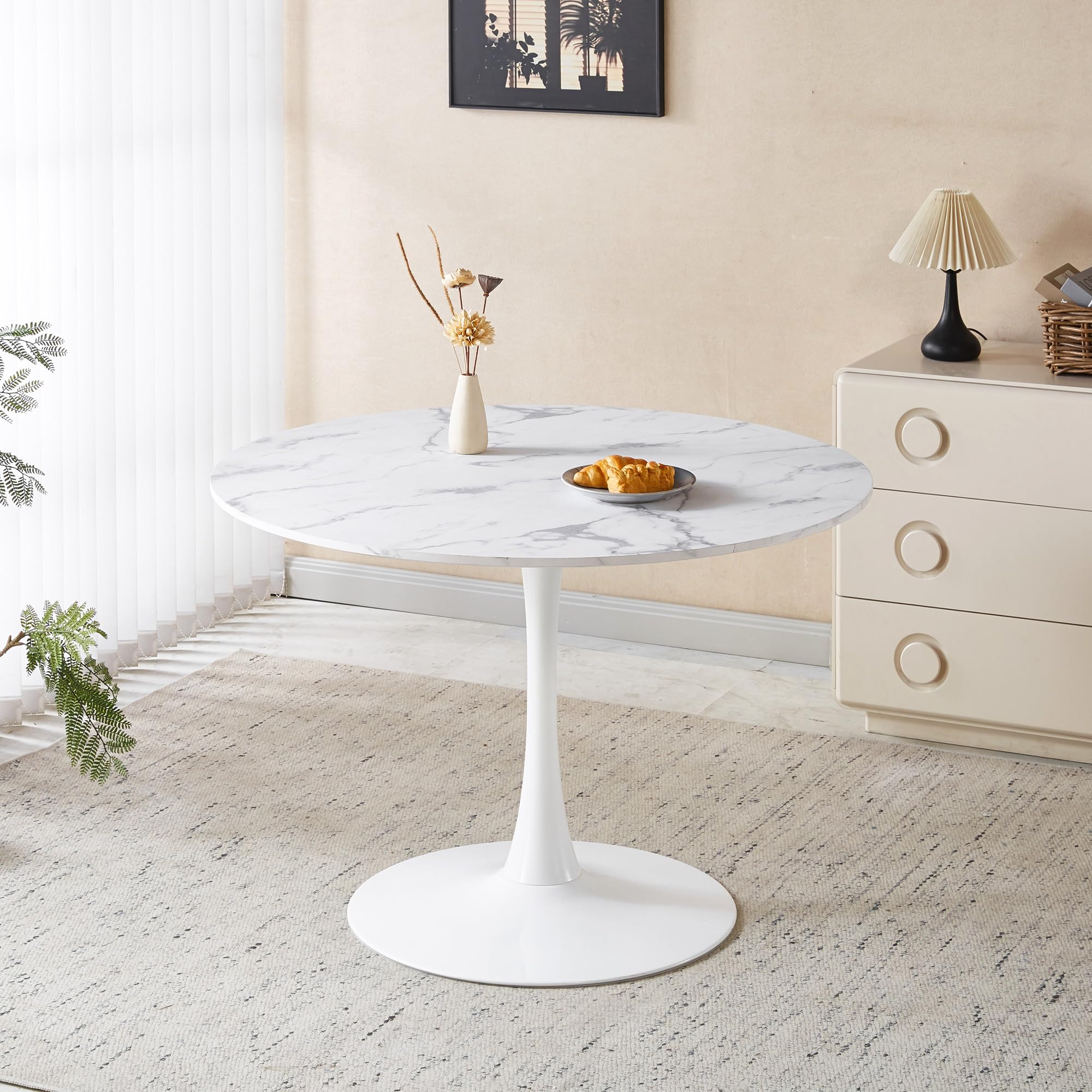 42" Tulip Table for 4-6 Persons Modern Round Dining Table, Mid-Century Modern White Marble Small Kitchen Table with MDF Wooden Top, Leisure Coffee Table for Living Room, Dining Room, Office
