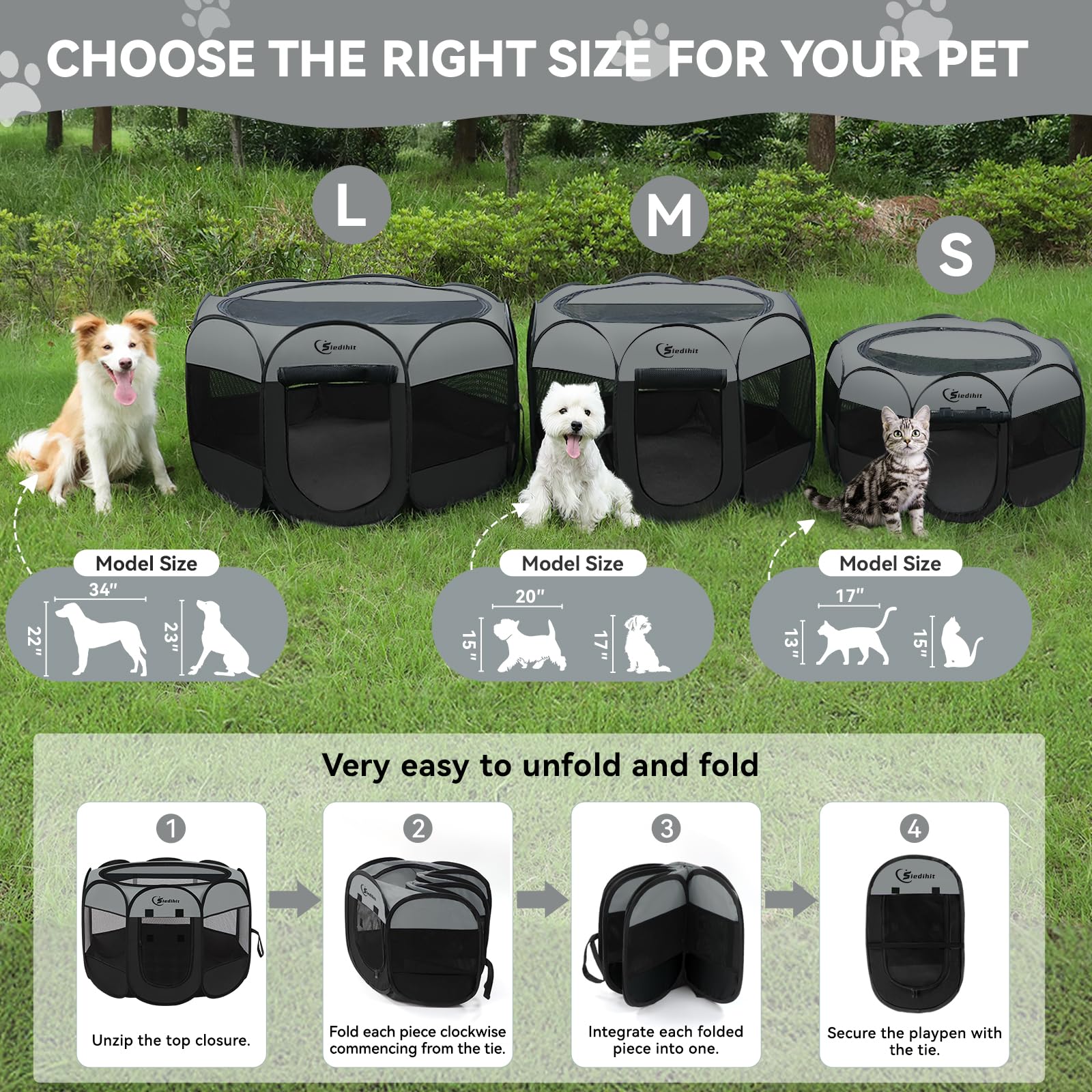 Dog Cat Playpen, Puppy Pet Playpen Indoor for Dog Crate Tent Cage Outdoor, Portable Pop Up Dogs Enclosure Kennel with Carrying Case for Dogs/Cats/Rabbits (Dark Grey, Medium)