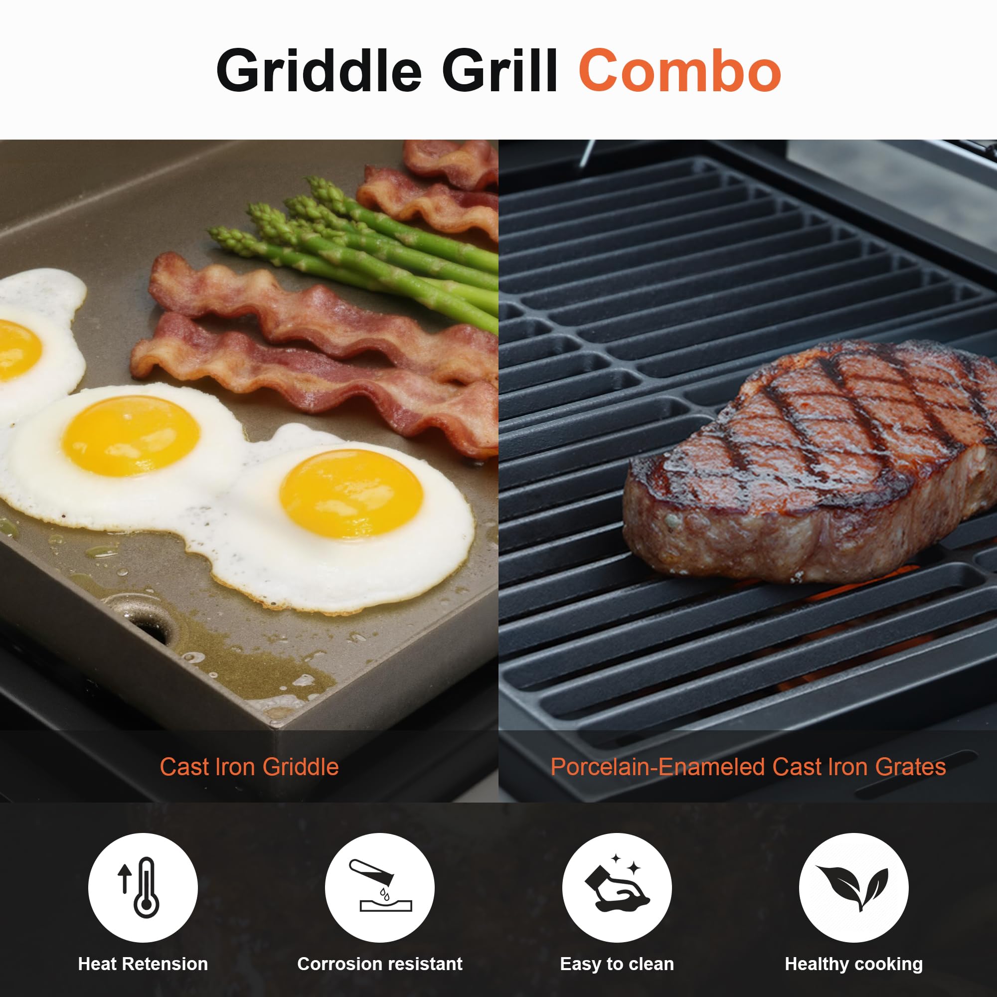 Propane Gas and Charcoal Grill Combo,Grill and Griddle Combo Dual Fuel BBQ Grill with Dual Lids for Outdoor Barbecue, Black