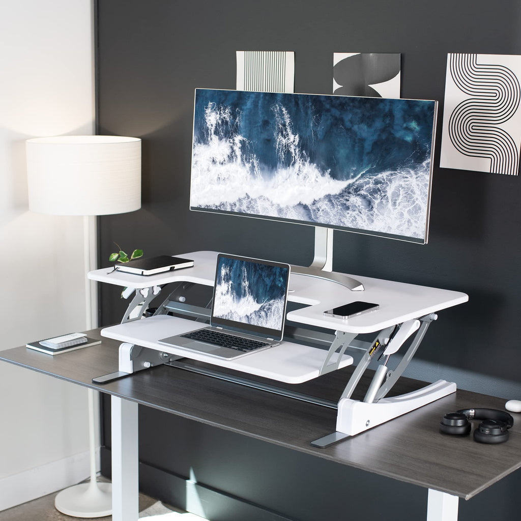 42 inch Height Adjustable Stand Up Desk Converter, V Series, Quick Sit to Stand Tabletop Dual Monitor Riser Workstation, White, DESK-V000VLW