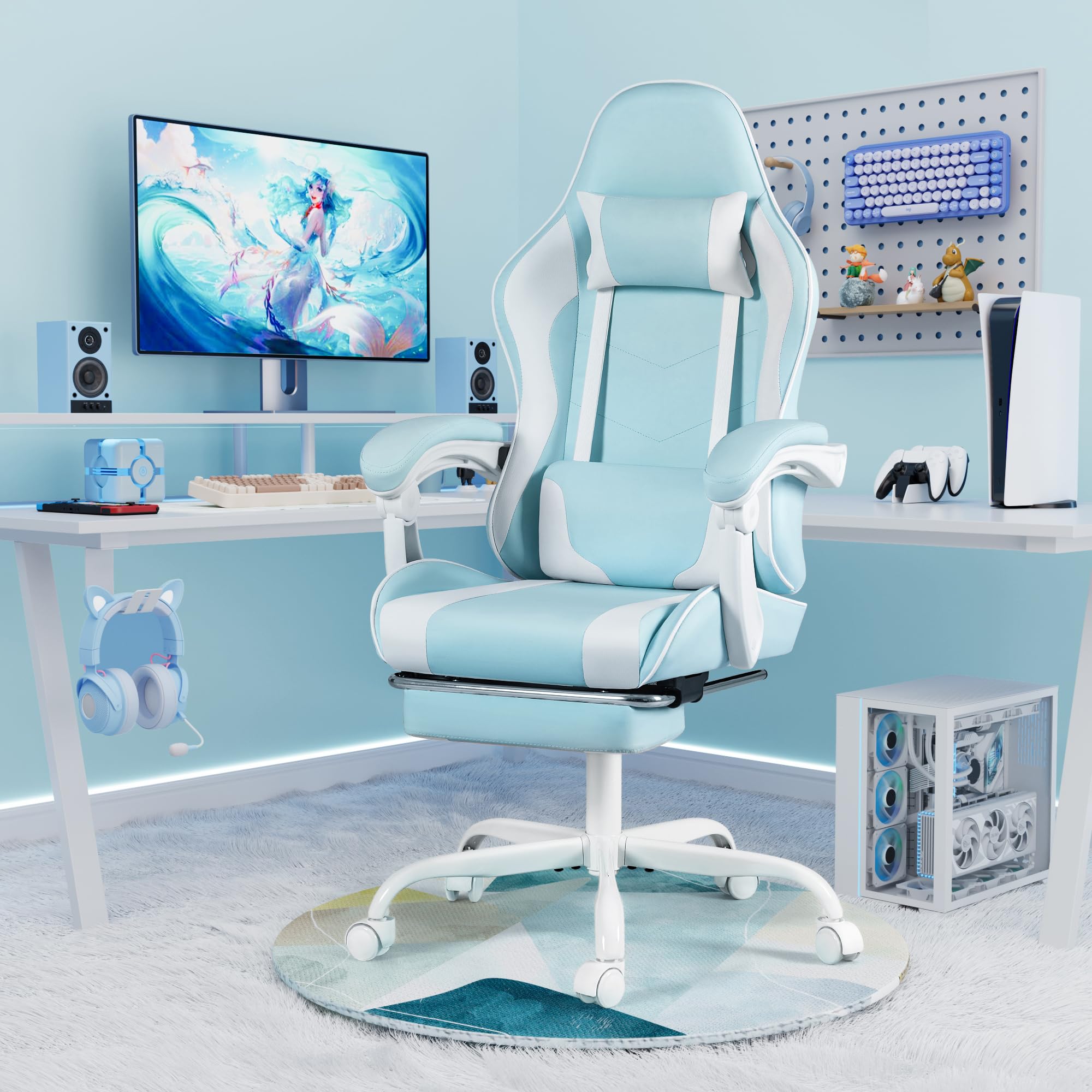 Gaming Chair, Video Game Chair with Footrest and Massage Lumbar Support, Ergonomic Computer Chair Height Adjustable with Swivel Seat and Headrest (Light Blue)