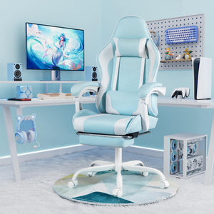 Gaming Chair, Video Game Chair with Footrest and Massage Lumbar Support, Ergonomic Computer Chair Height Adjustable with Swivel Seat and Headrest (Light Blue)