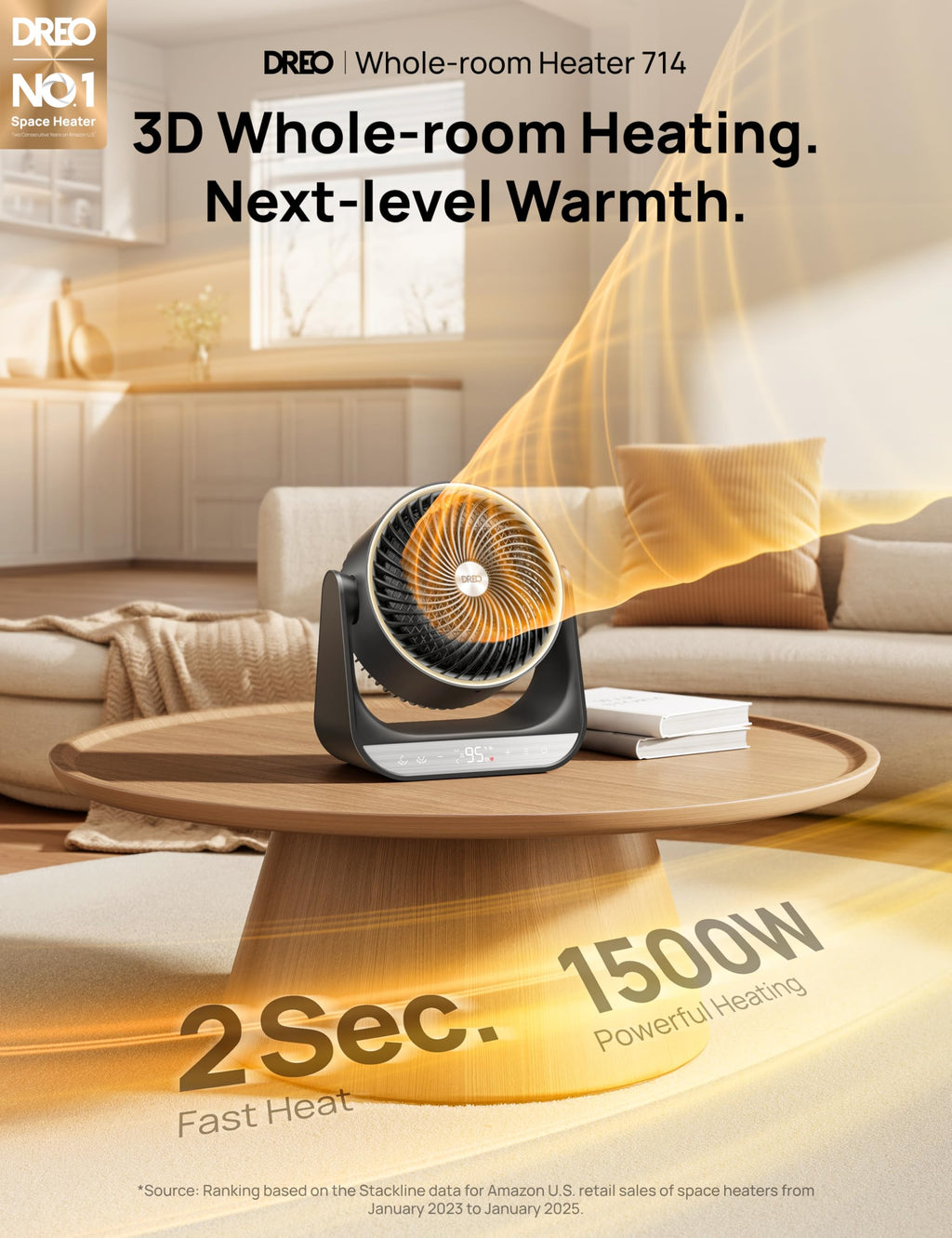 60° Vertical & 90° Horizontal 3D Oscillating Heating, 12 ft/s Long-Range Circulator, 3 Heat & 3 Fan Settings, Space Heaters for Indoor Use, Bedroom, Office, Black