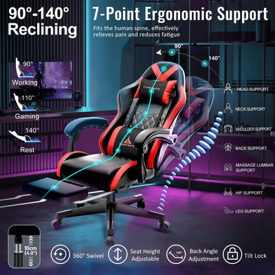 Gaming Chair,Ergonomic Massage Computer Office Desk Chair with Footrest,Pocket Spring Cushion,Reclining Leather Adjustable Gamer Chair with Headrest and Lumbar Support,Red