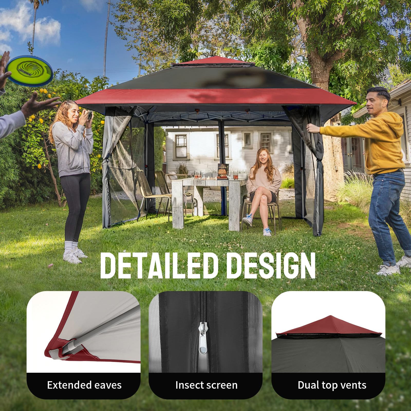 13x13 Pop Up Gazebo, Canopy Tent, Gazebos on Clearance - Outdoor Gazebo for Backyard & Patio Furniture - Carpa Pop Up Tent with Wheeled STO-N-Go Cover Bag (Red & Grey)