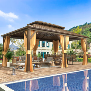12' x 18' Hardtop Gazebo, Aluminum Frame Gazebos with Galvanized Steel Double Roof, Permanent Outdoor Metal Pavilion with Curtain and Netting for Patio, Lawn, Deck