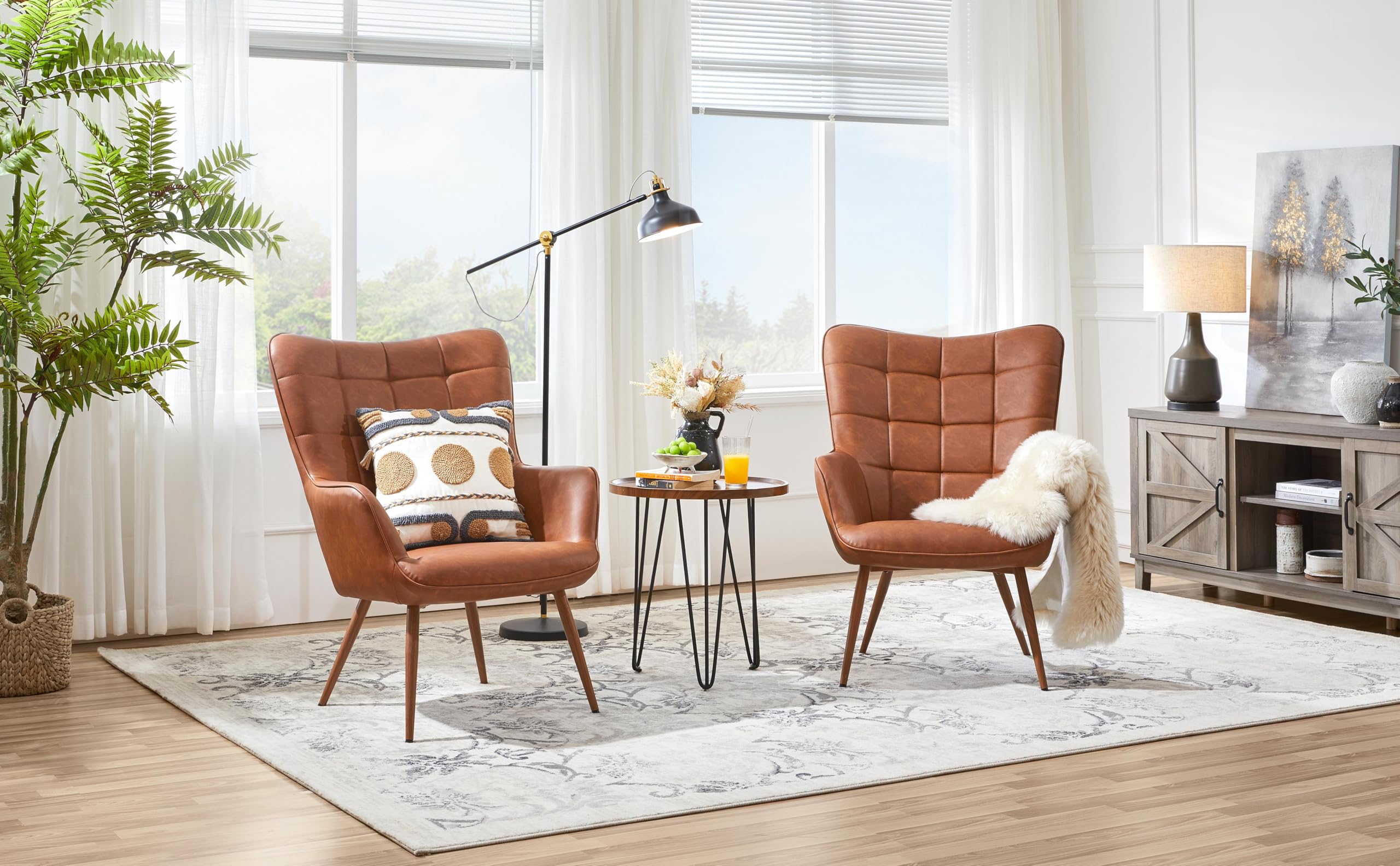 Accent Chairs, Large PU Leather High-Back Chair w/Metal Legs, Pottery Barn Style Living Room Chairs for Bedroom/Home Office, Brown, Set of 2