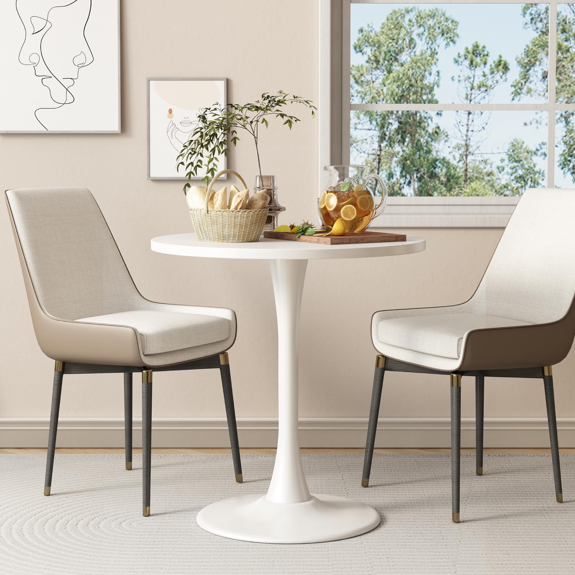 Round Dining Table 27.5" Circle Tulip Table with Wood Thickened Tabletop & Sturdy Metal Pedestal Mid Century Modern Leisure Bistro Kitchen Tables 4 People Small Places Living Room Cafe,White