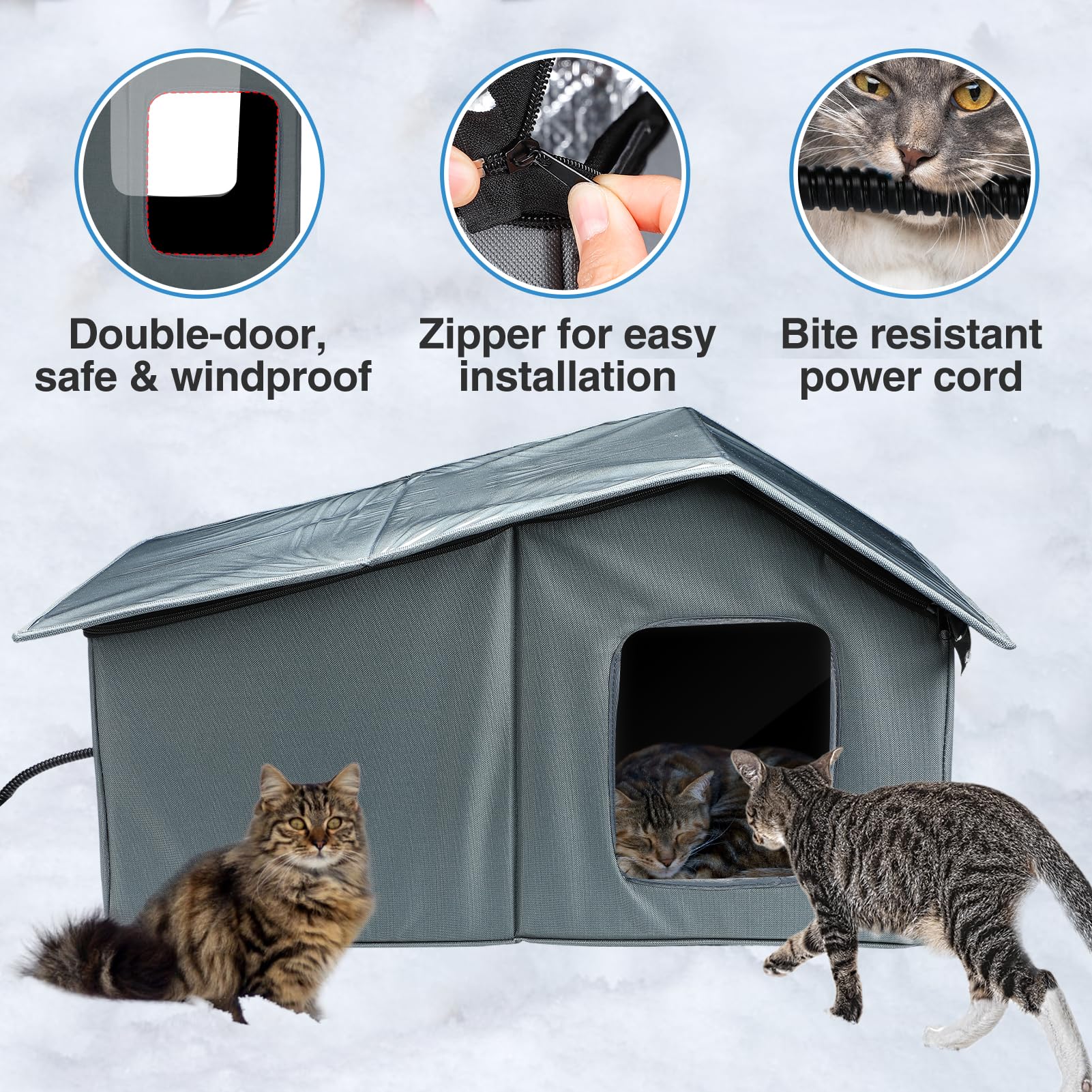 Weatherproof Heated Cat Houses for Outdoor Cats - Insulated Cat Shelter for Winter with Thermostatic Heating Pad and Escape Door, Warm Outside Pet House Gift for 2-3 Feral Cats (Large)