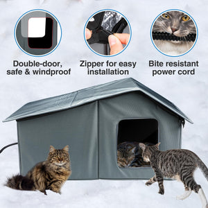 Weatherproof Heated Cat Houses for Outdoor Cats - Insulated Cat Shelter for Winter with Thermostatic Heating Pad and Escape Door, Warm Outside Pet House Gift for 2-3 Feral Cats (Large)