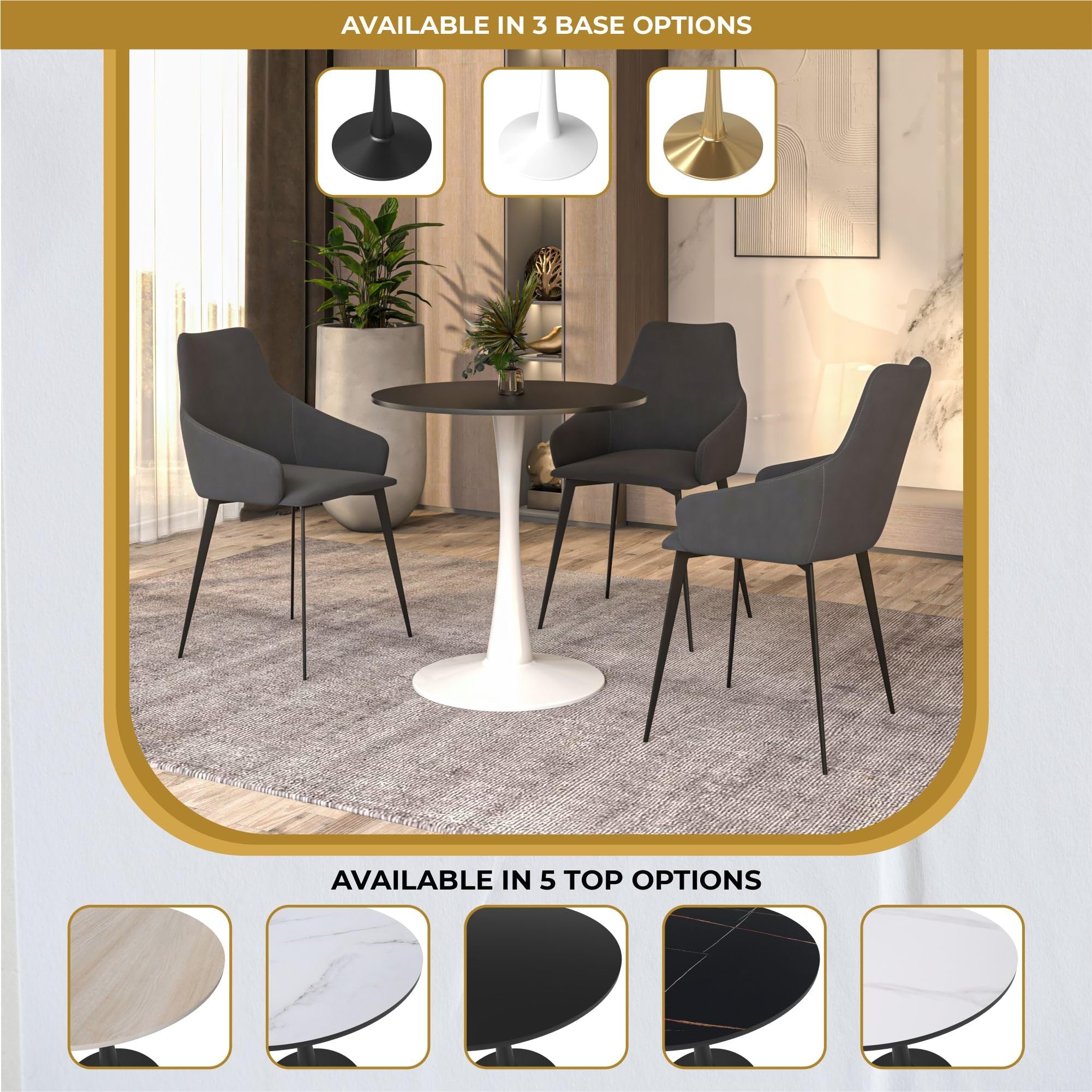 24" Wide Round Dining Table, Modern MDF Wood Top & White Metal Pedestal Base Gloss Finish Accent Table Mid-Century Café Table, Kitchen Dining Room Furniture, Black