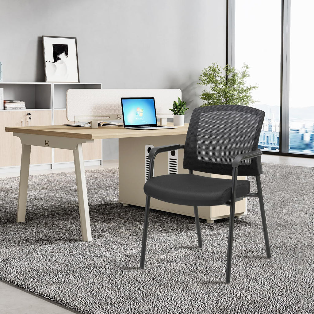 Office Reception Guest Chair Mesh Back Stacking with Ergonomic Lumbar Support and Thickened Seat Cushion for Waiting Conference Room Black