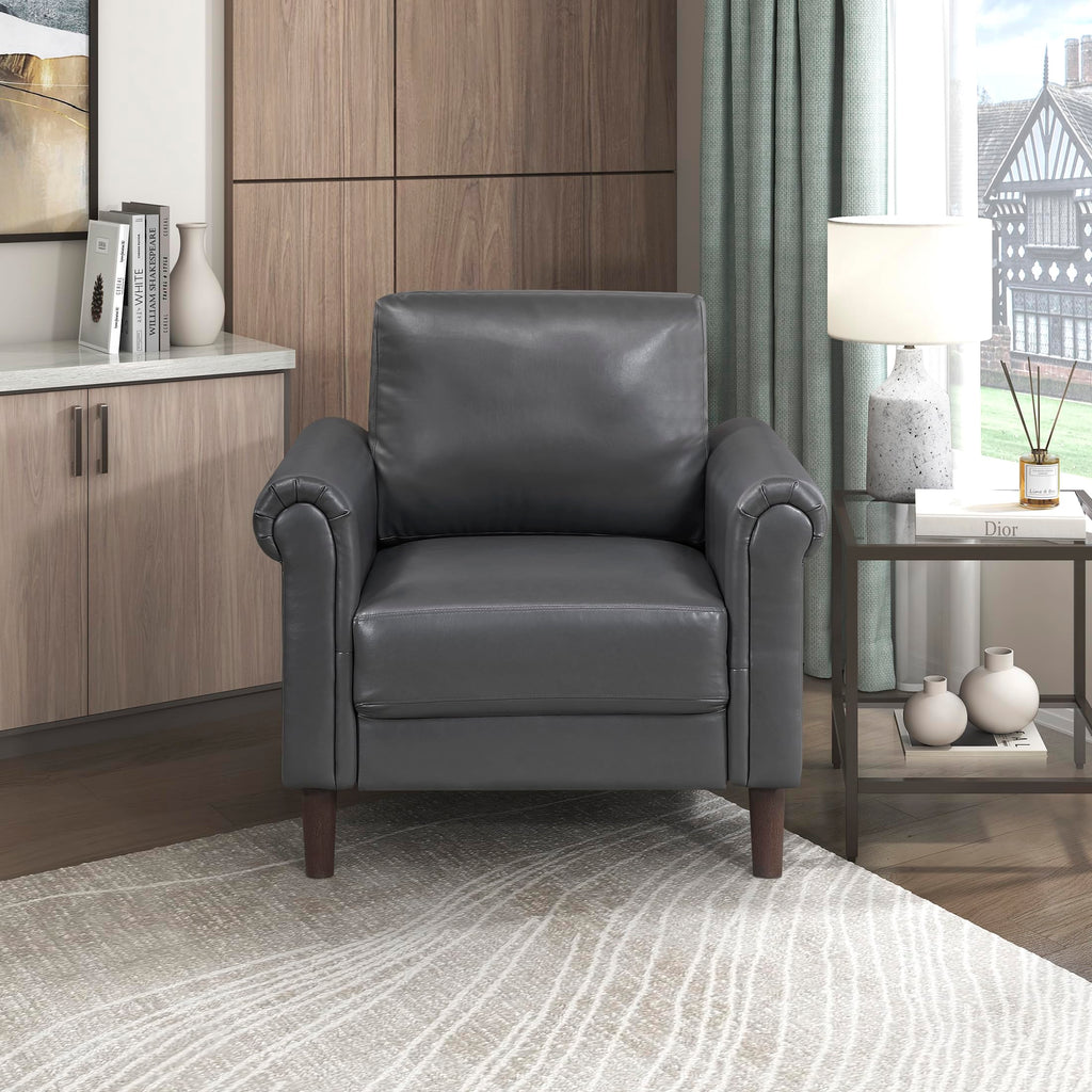 35" W Living Room Accent Chair, Faux Leather Upholstered Armchair with Rolled Arms & Wood-Look Feet, Traditional Single Sofa Chair for Living Room, Bedroom or Office - Dark Gray