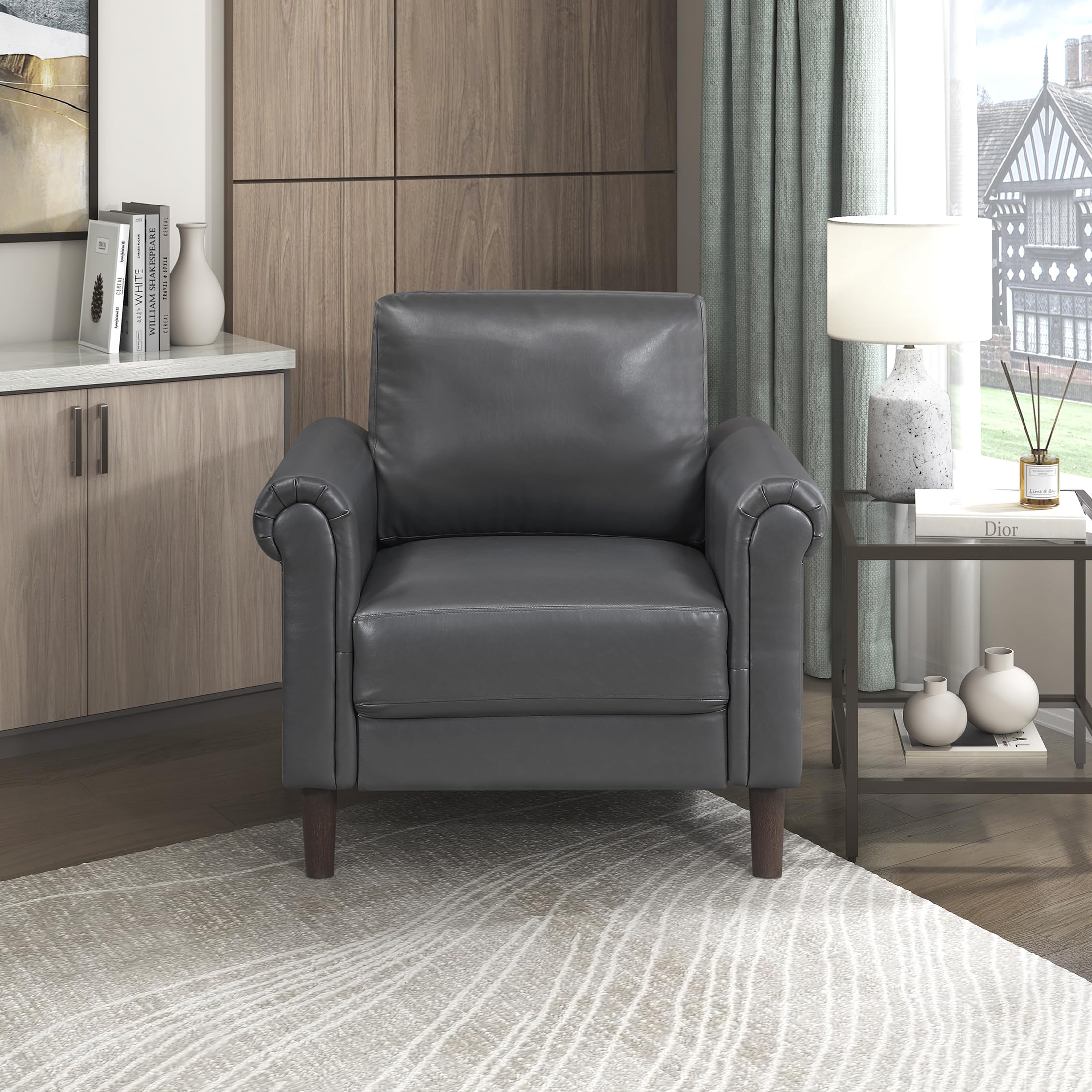 35" W Living Room Accent Chair, Faux Leather Upholstered Armchair with Rolled Arms & Wood-Look Feet, Traditional Single Sofa Chair for Living Room, Bedroom or Office - Dark Gray