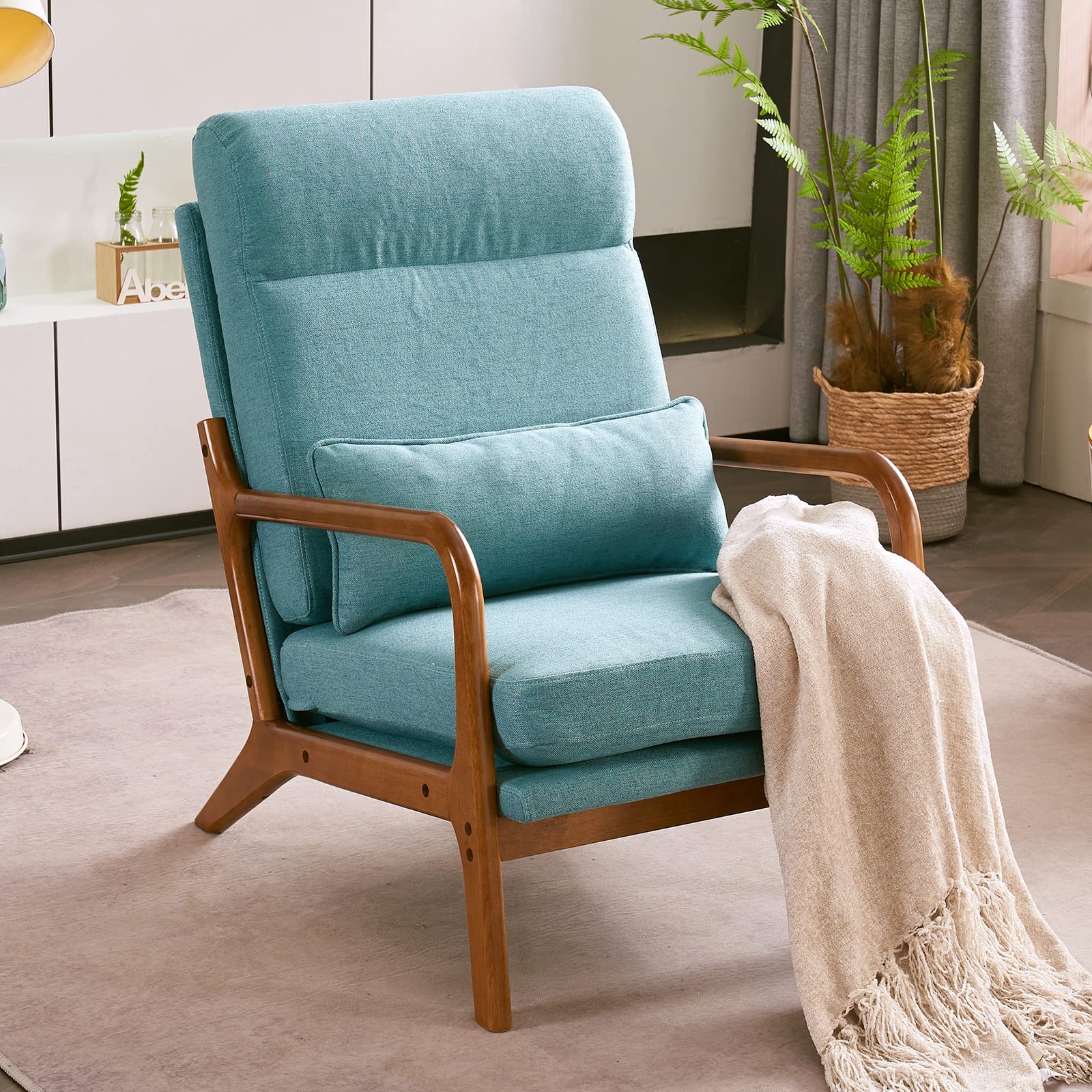 High Back LinenTeal Mid Century Modern Accent Chair, Soild Wood Padding Lounge Armchairs Side Sitting Chairs for Living Room, Bedroom, Guest Room