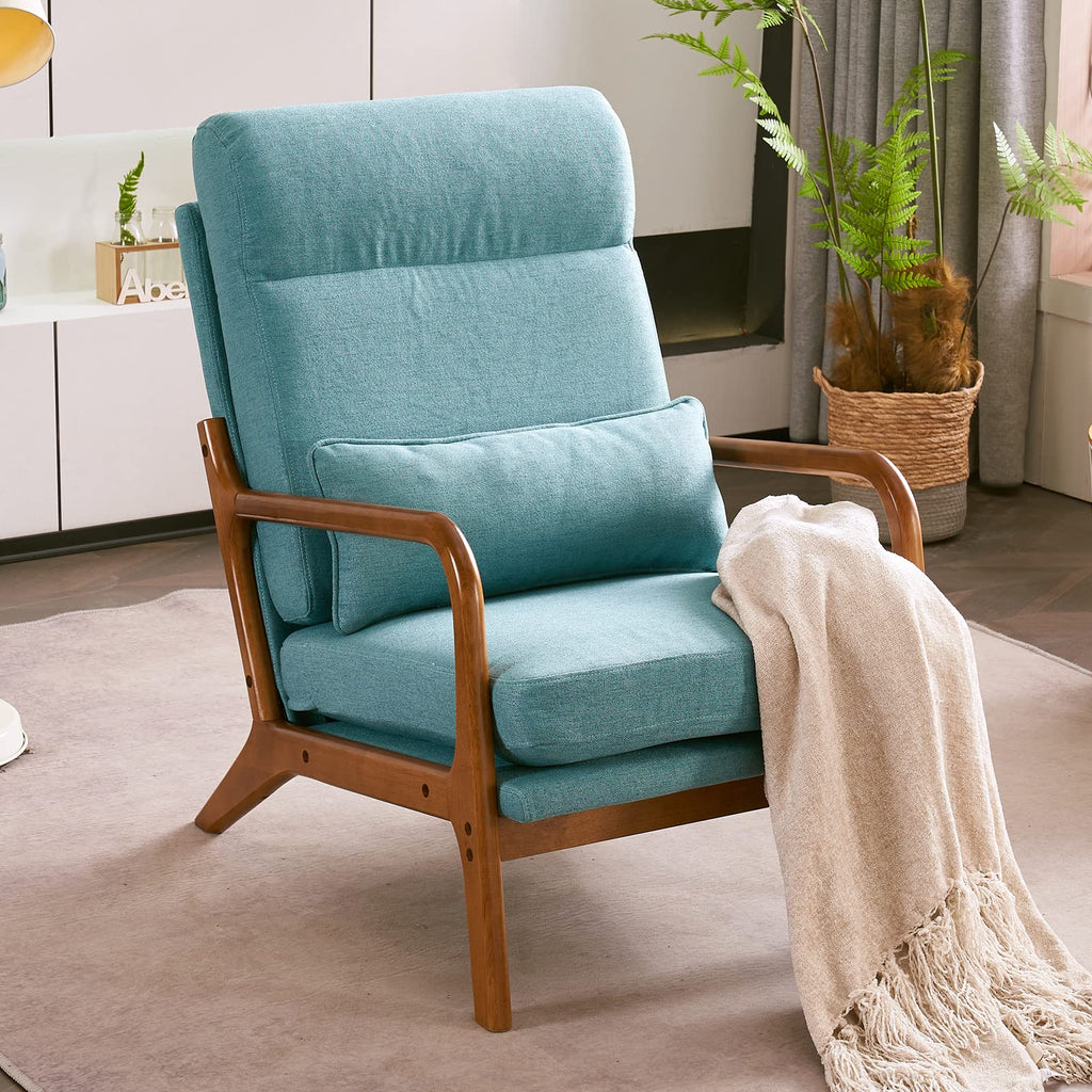 High Back LinenTeal Mid Century Modern Accent Chair, Soild Wood Padding Lounge Armchairs Side Sitting Chairs for Living Room, Bedroom, Guest Room