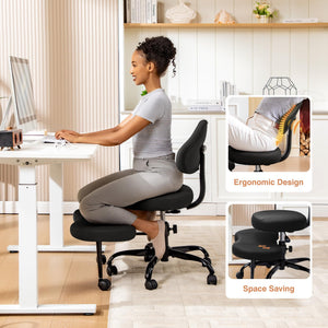 Cross Legged Office Chair, Criss Cross Desk Chair ADHD Meditation Kneeling Yoga Seat with Adjustable Height, Lumbar Support, Wider Footrest and Wheels (Black)