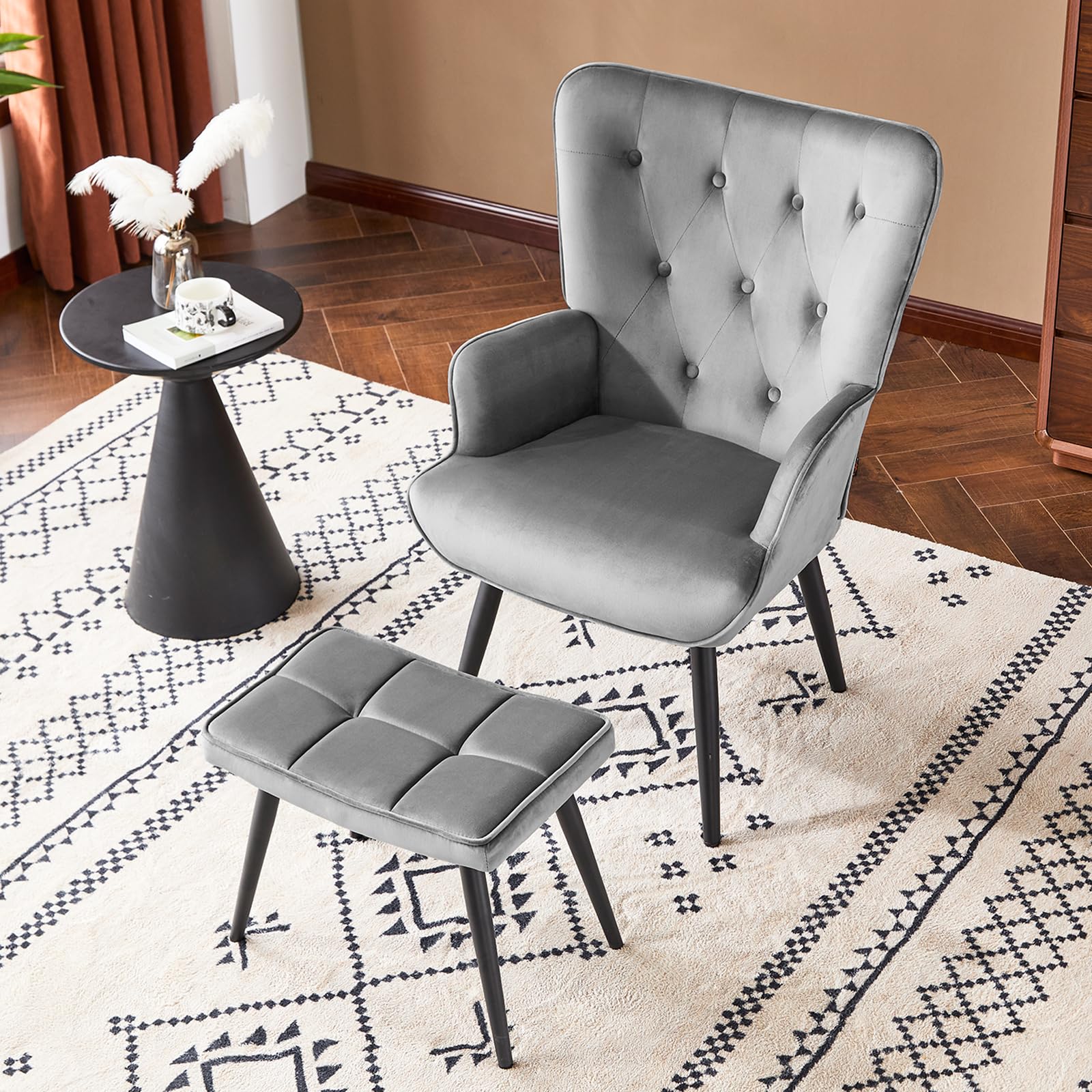 Velvet Accent Chair with Ottoman, Upholstered Reading Chair with High Backrest, Tufted-Button Wingback Armchair for Bedroom, Dressing Room, Home Office, Grey