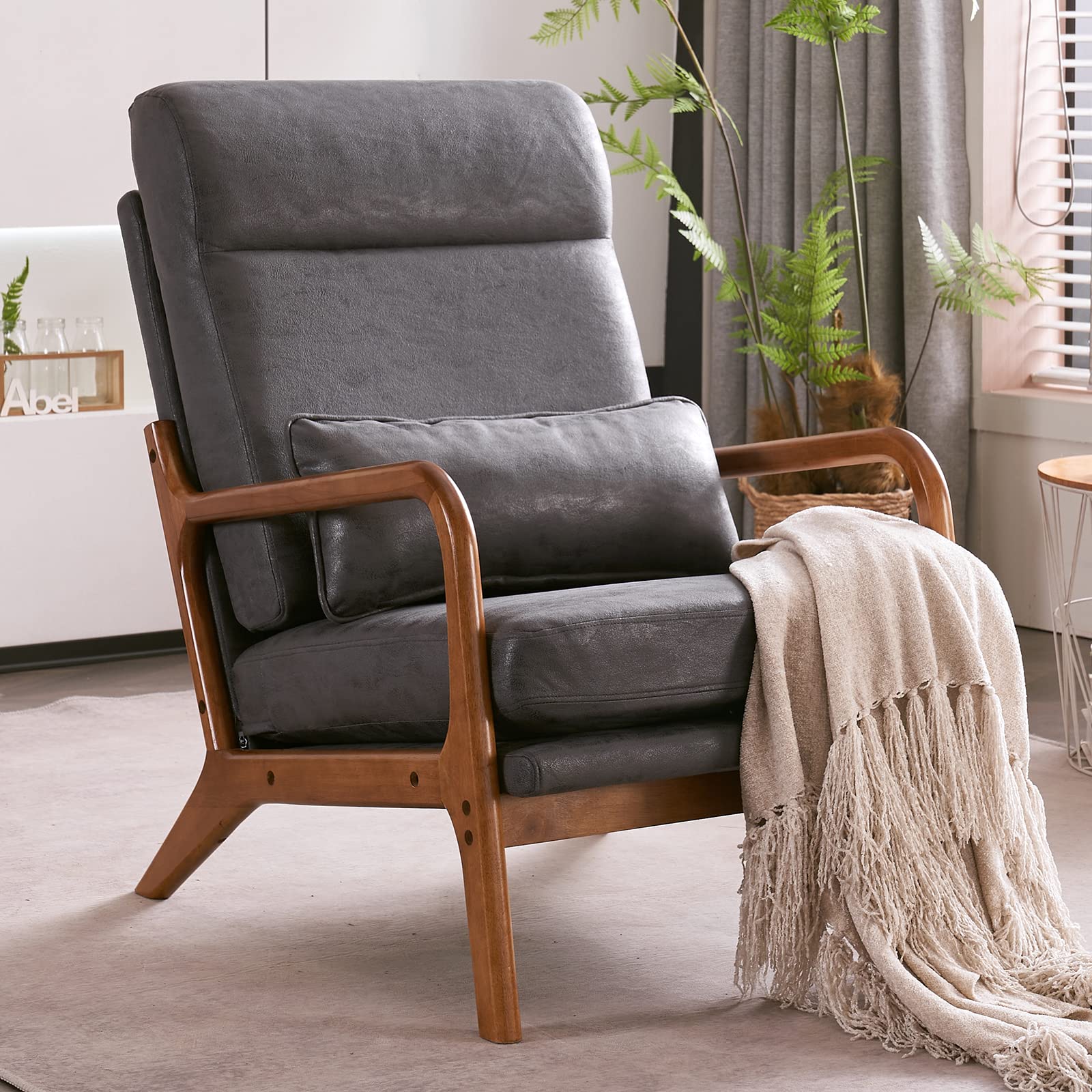 High Back Microfiber Dark Grey Mid Century Modern Accent Chair, Soild Wood Padding Lounge Armchairs Side Sitting Chairs for Living Room, Bedroom, Guest Room