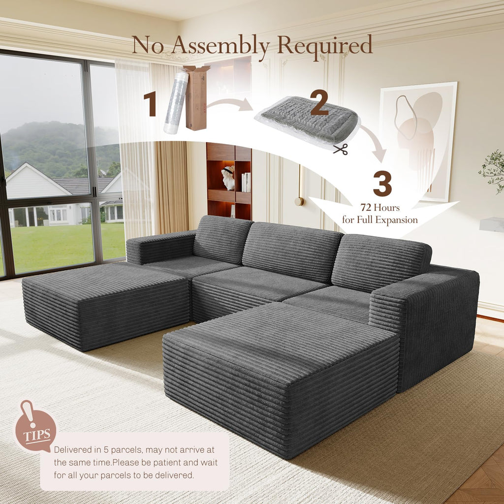 119" Oversized U-Shaped Modular Sectional Sofa, Corduroy Cloud Couch with Deep Seating & Spring Support, Convertible Sofa with 2 Ottomans, Boneless Couch, No Assembly Required, Grey