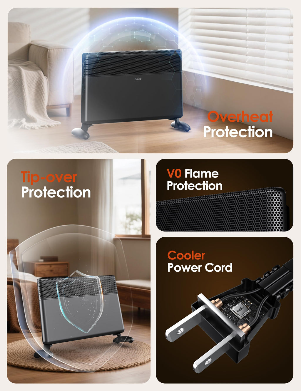 Convection Panel Heater,1500W Space Heater for Large Room Indoor use with Programmable Thermostat,WiFi App Control,Smart Quiet,Works with Alexa,Black
