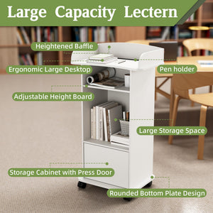 Podium Stand with Wheels Wooden Lectern Podium Stand Portable Pulpit Standing with Storage Mobile Reception Podiums Desk for Church Office School Conference Restaurant Meeting, White